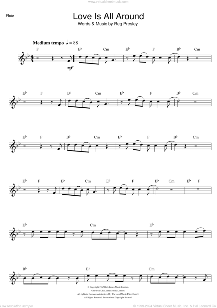 Love Is All Around sheet music for flute solo by Wet Wet Wet, The Troggs and Reg Presley, intermediate skill level