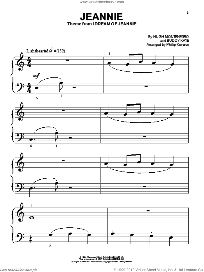 Jeannie (arr. Phillip Keveren) sheet music for piano solo (big note book) by Hugh Montenegro, Phillip Keveren and Buddy Kaye, easy piano (big note book)