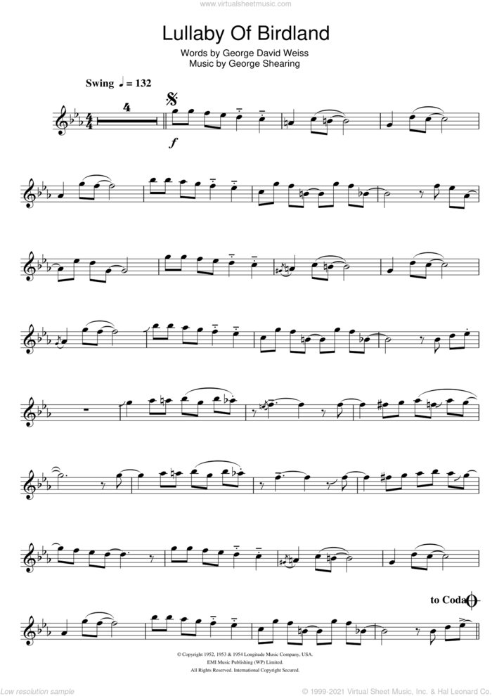 Lullaby Of Birdland sheet music for flute solo by Ella Fitzgerald, George David Weiss and George Shearing, intermediate skill level