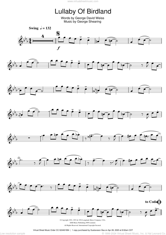 Lullaby Of Birdland sheet music for flute solo by Ella Fitzgerald, George David Weiss and George Shearing, intermediate skill level