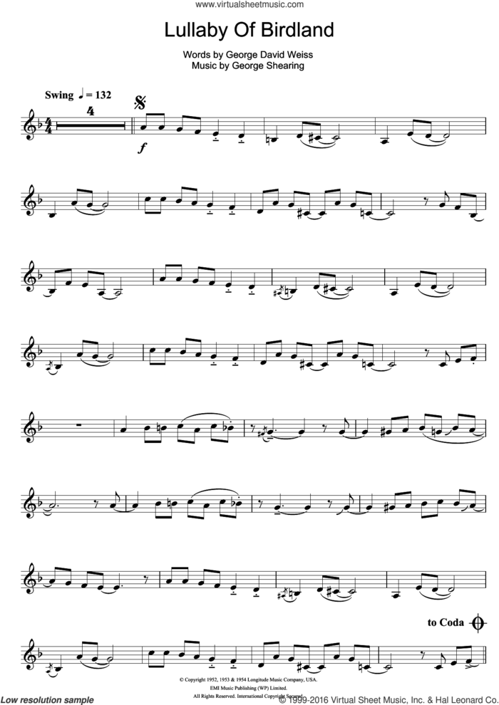 Lullaby Of Birdland sheet music for trumpet solo by Ella Fitzgerald, George David Weiss and George Shearing, intermediate skill level