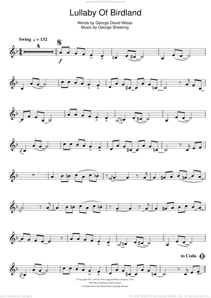 Lullaby Of Birdland sheet music for trumpet solo by Ella Fitzgerald, George David Weiss and George Shearing, intermediate skill level