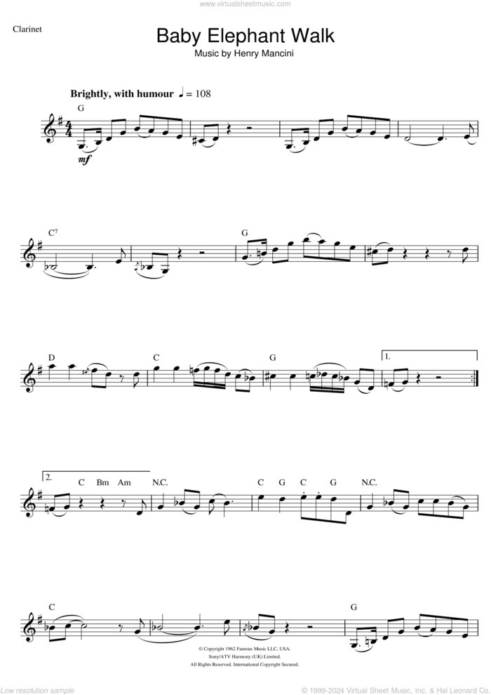 Baby Elephant Walk (from Hatari!) sheet music for clarinet solo by Henry Mancini, intermediate skill level