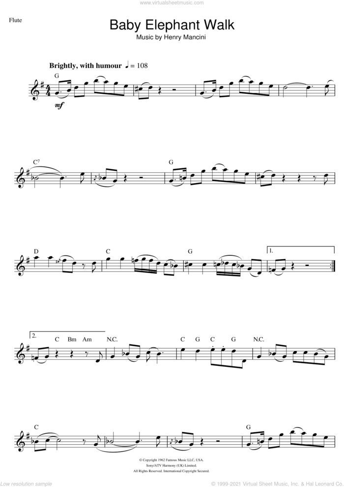 Baby Elephant Walk (from Hatari!) sheet music for flute solo by Henry Mancini, intermediate skill level