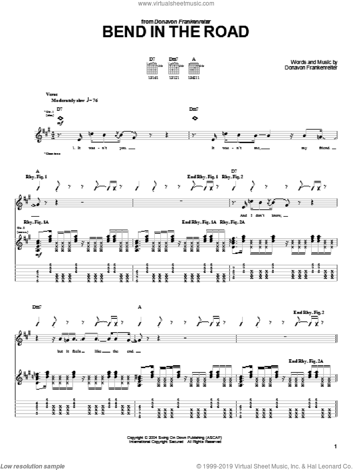 Bend In The Road sheet music for guitar (tablature) by Donavon Frankenreiter, intermediate skill level