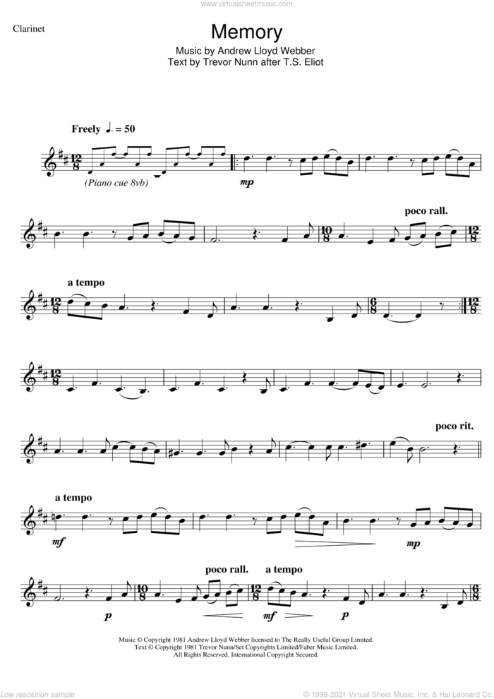Memory (from Cats) sheet music for clarinet solo by Andrew Lloyd Webber and Trevor Nunn, intermediate skill level