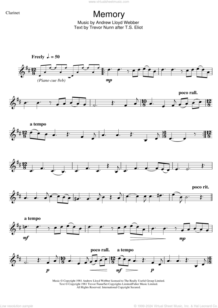 Memory (from Cats) sheet music for clarinet solo by Andrew Lloyd Webber and Trevor Nunn, intermediate skill level