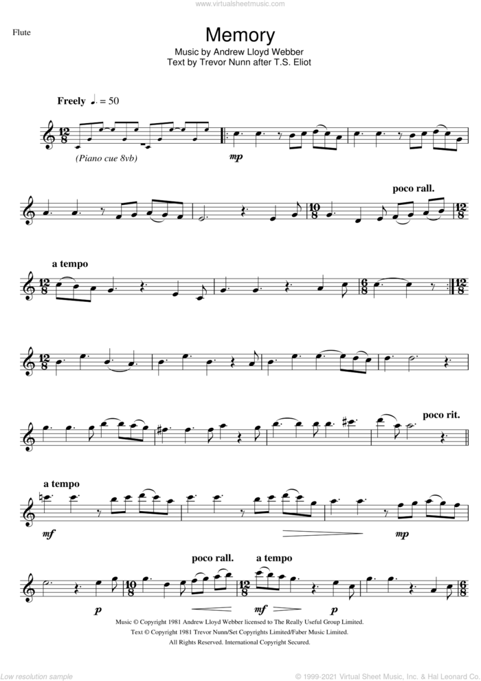 Memory (from Cats) sheet music for flute solo by Andrew Lloyd Webber and Trevor Nunn, intermediate skill level
