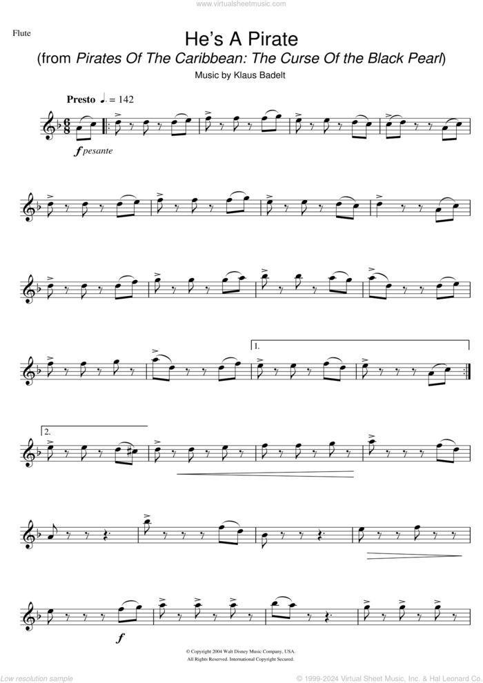 He's A Pirate (from Pirates Of The Caribbean: The Curse Of The Black Pearl) sheet music for flute solo by Klaus Badelt, intermediate skill level