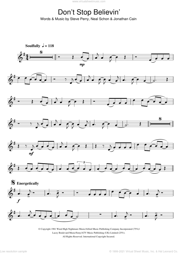 Don't Stop Believin' sheet music for clarinet solo by Journey, Glee Cast, Jonathan Cain, Neal Schon and Steve Perry, intermediate skill level
