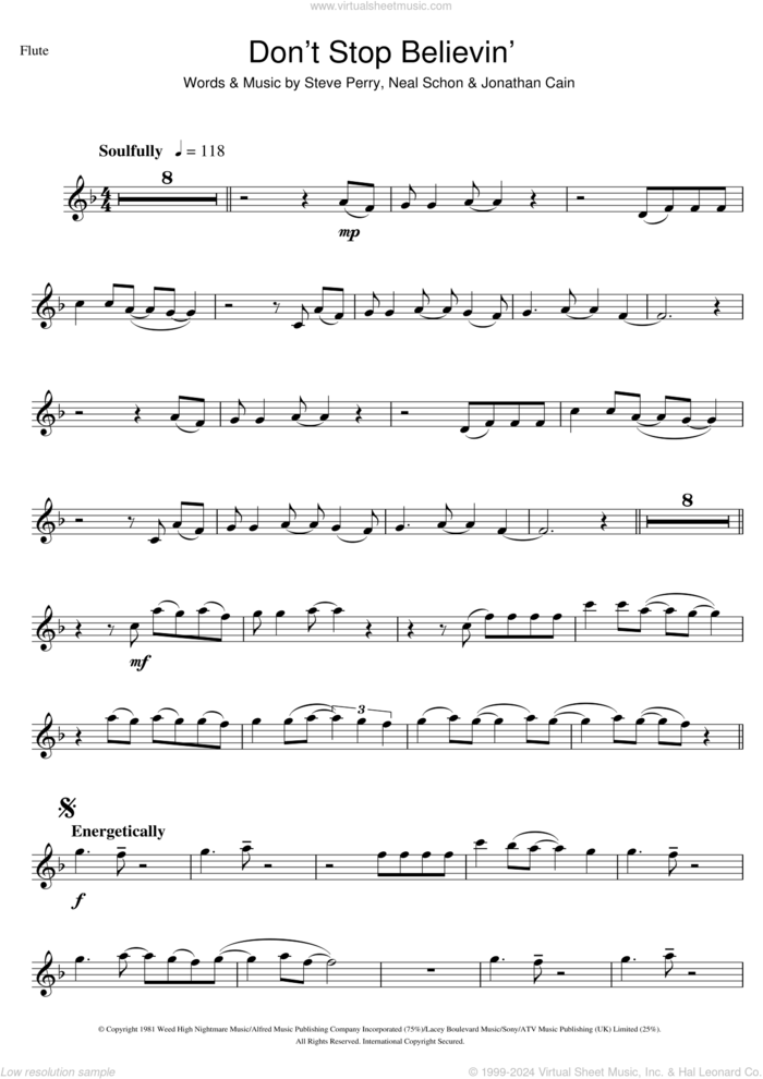 Don't Stop Believin' sheet music for flute solo by Journey, Glee Cast, Jonathan Cain, Neal Schon and Steve Perry, intermediate skill level