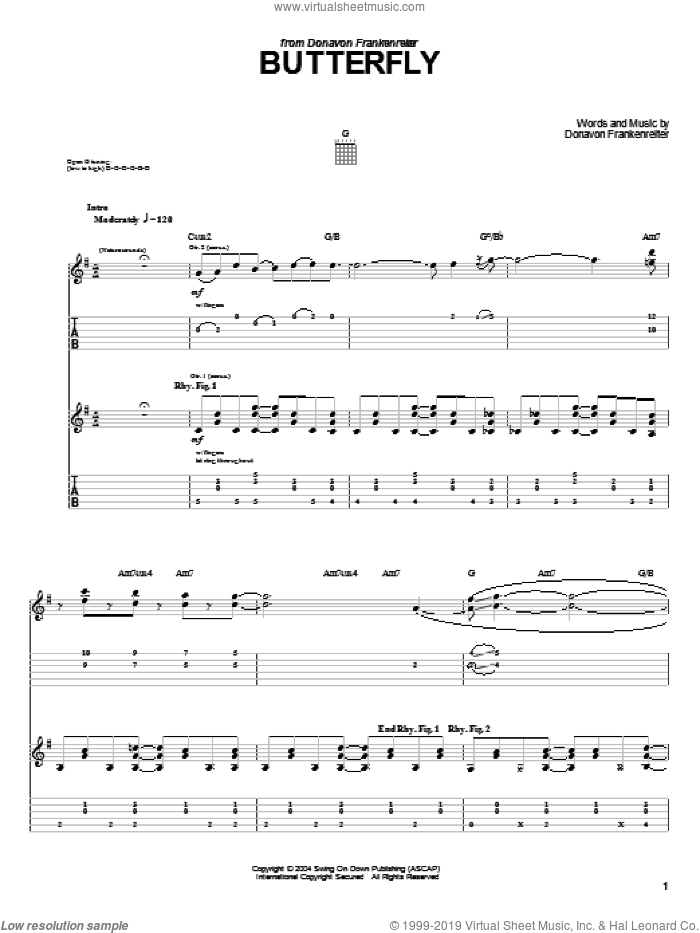 Butterfly sheet music for guitar (tablature) by Donavon Frankenreiter, intermediate skill level