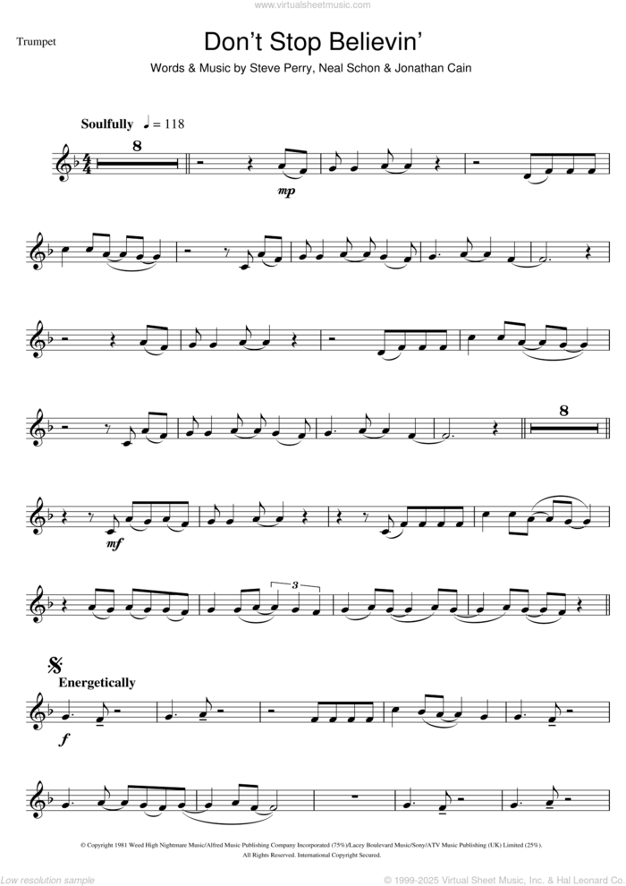 Don't Stop Believin' sheet music for trumpet solo by Journey, Glee Cast, Jonathan Cain, Neal Schon and Steve Perry, intermediate skill level