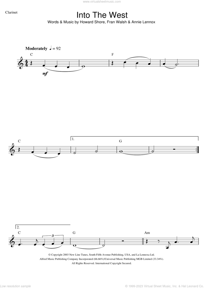 Into The West (from The Lord Of The Rings: The Return Of The King) sheet music for clarinet solo by Annie Lennox, Fran Walsh and Howard Shore, intermediate skill level