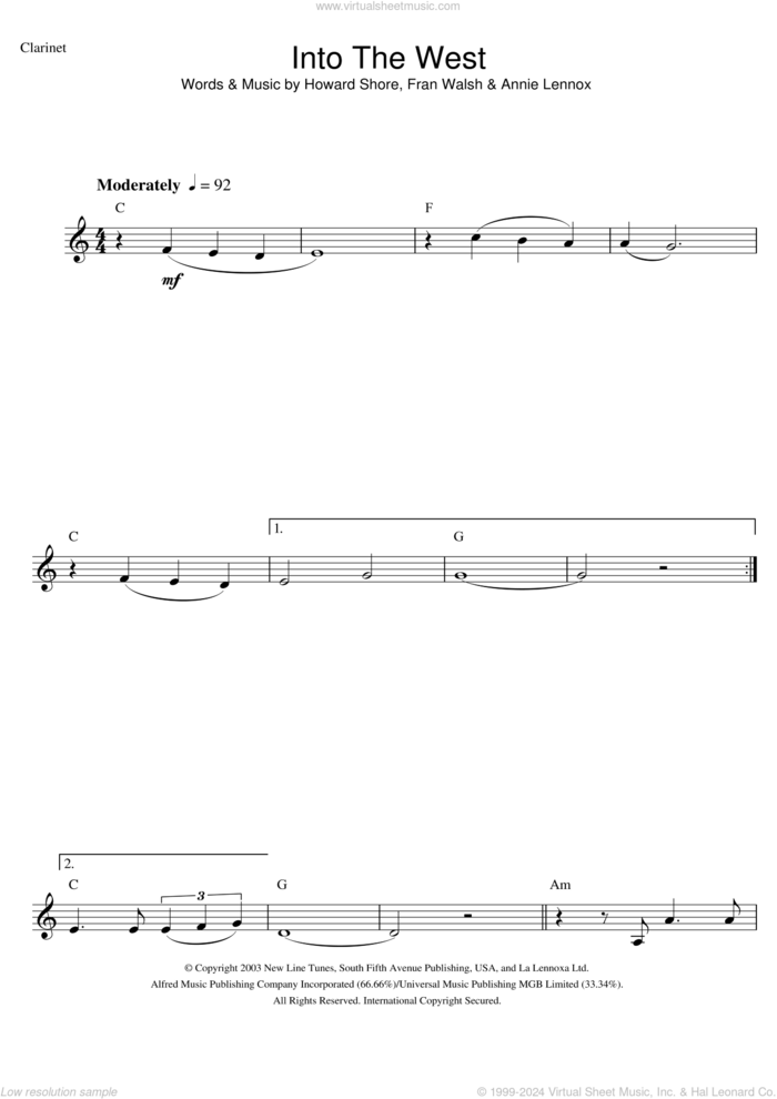 Into The West (from The Lord Of The Rings: The Return Of The King) sheet music for clarinet solo by Annie Lennox, Fran Walsh and Howard Shore, intermediate skill level