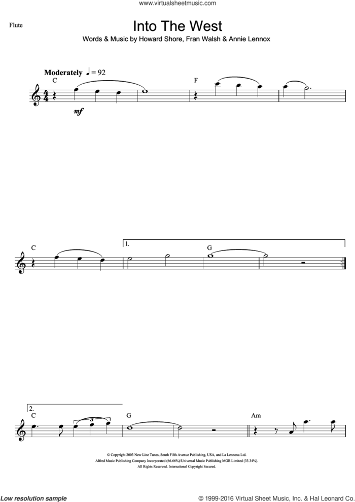 Into The West (from The Lord Of The Rings: The Return Of The King) sheet music for flute solo by Annie Lennox, Fran Walsh and Howard Shore, intermediate skill level