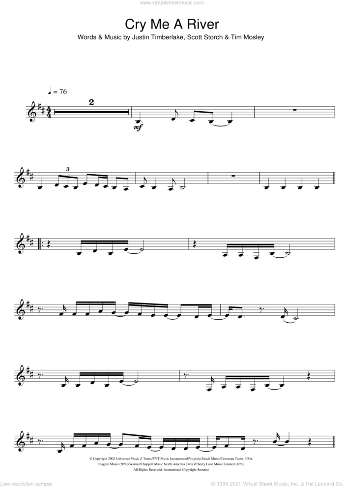 Cry Me A River sheet music for clarinet solo by Justin Timberlake, Scott Storch and Tim Mosley, intermediate skill level