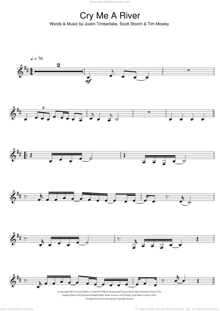 Cry Me A River sheet music for clarinet solo by Justin Timberlake, Scott Storch and Tim Mosley, intermediate skill level