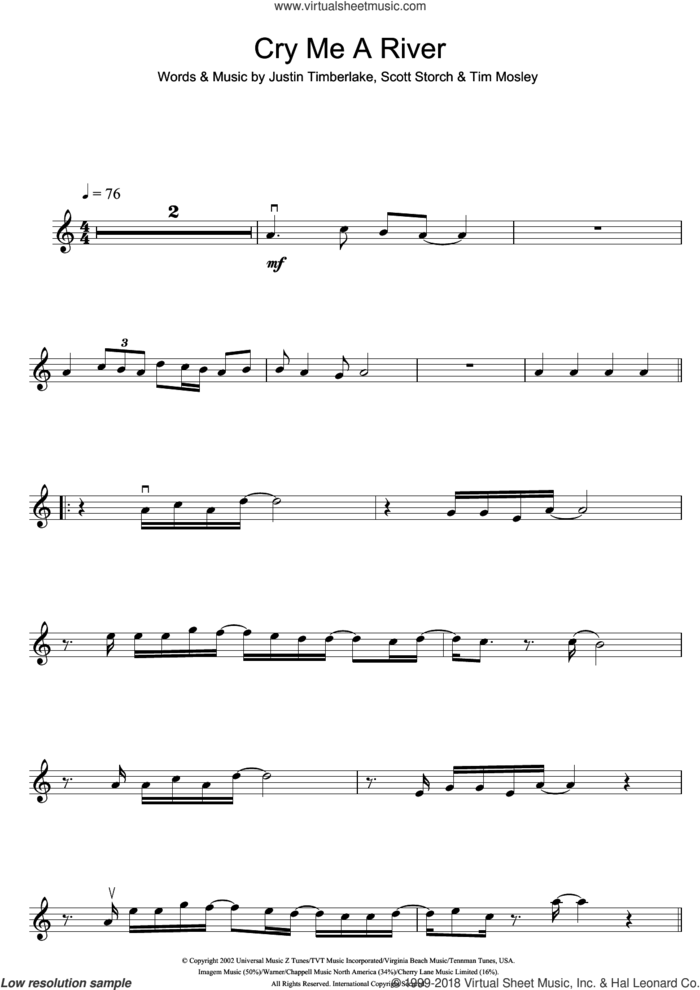 Cry Me A River sheet music for violin solo by Justin Timberlake, Scott Storch and Tim Mosley, intermediate skill level