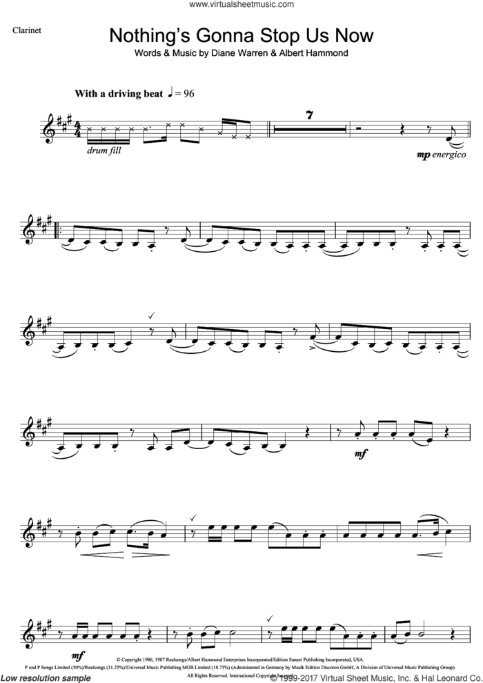 Nothing's Gonna Stop Us Now sheet music for clarinet solo by Starship, Albert Hammond and Diane Warren, intermediate skill level