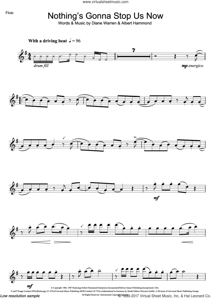 Nothing's Gonna Stop Us Now sheet music for flute solo by Starship, Albert Hammond and Diane Warren, intermediate skill level