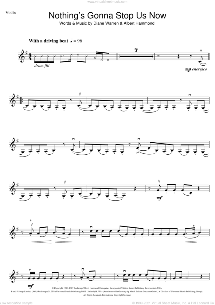 Nothing's Gonna Stop Us Now sheet music for violin solo by Starship, Albert Hammond and Diane Warren, intermediate skill level