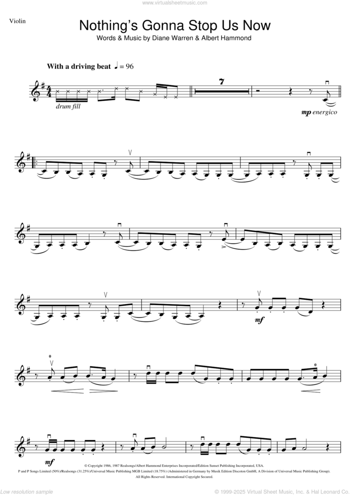 Nothing's Gonna Stop Us Now sheet music for violin solo by Starship, Albert Hammond and Diane Warren, intermediate skill level