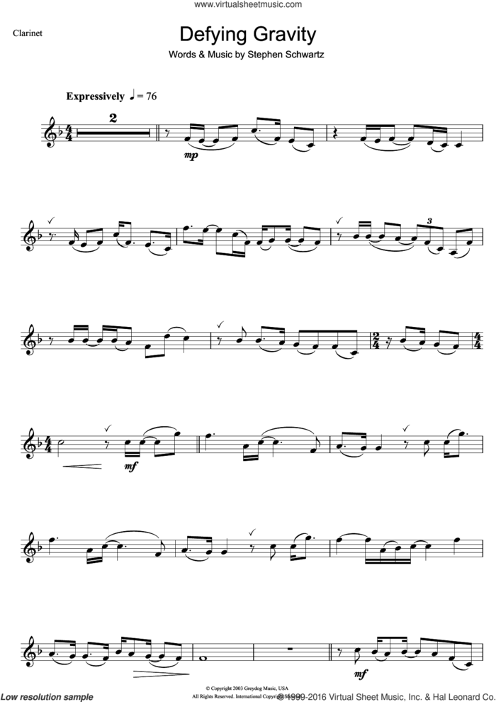 Defying Gravity (from Wicked) sheet music for clarinet solo by Glee Cast and Stephen Schwartz, intermediate skill level