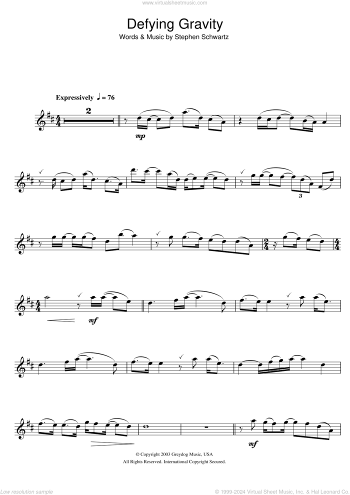 Defying Gravity (from Wicked) sheet music for flute solo by Glee Cast and Stephen Schwartz, intermediate skill level