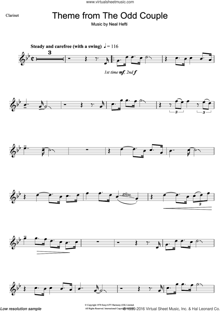 Theme from The Odd Couple sheet music for clarinet solo by Neal Hefti, intermediate skill level