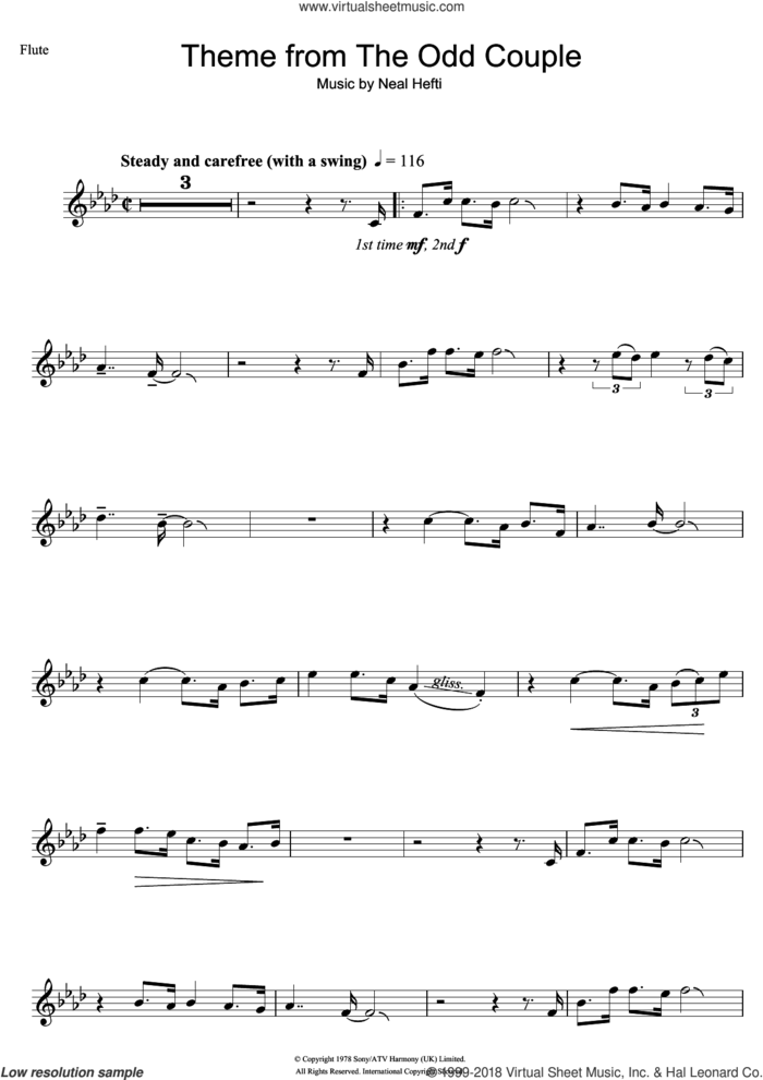 Theme from The Odd Couple sheet music for flute solo by Neal Hefti, intermediate skill level