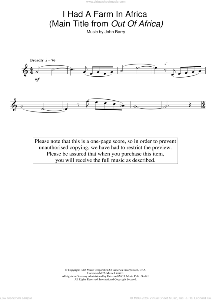 I Had A Farm In Africa (Main Title from Out Of Africa) sheet music for flute solo by John Barry, intermediate skill level