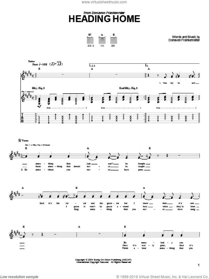Heading Home sheet music for guitar (tablature) by Donavon Frankenreiter, intermediate skill level
