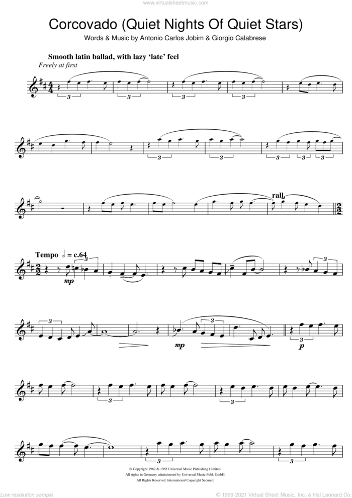 Corcovado (Quiet Nights Of Quiet Stars) sheet music for clarinet solo by Antonio Carlos Jobim and Giorgio Calabrese, intermediate skill level