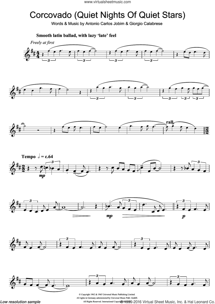 Corcovado (Quiet Nights Of Quiet Stars) sheet music for trumpet solo by Antonio Carlos Jobim and Giorgio Calabrese, intermediate skill level