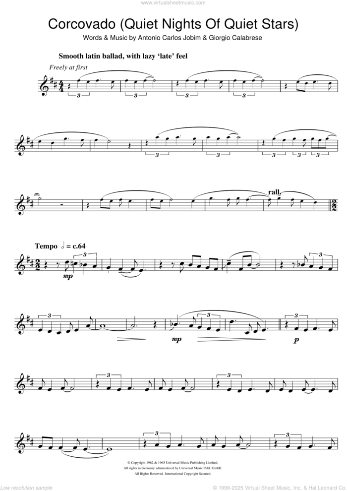 Corcovado (Quiet Nights Of Quiet Stars) sheet music for trumpet solo by Antonio Carlos Jobim and Giorgio Calabrese, intermediate skill level