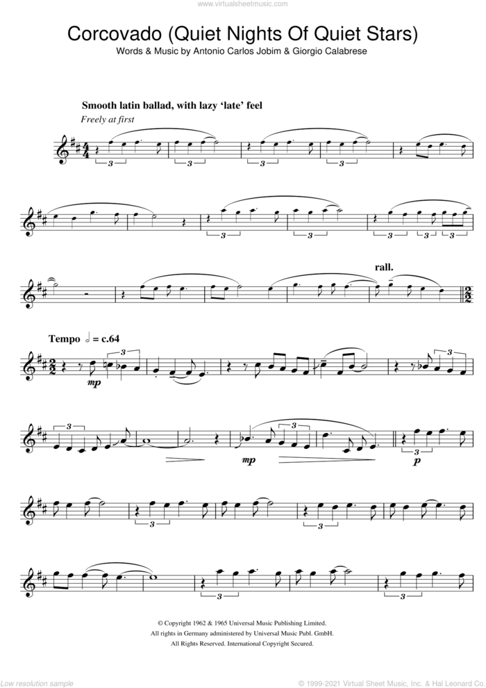 Corcovado (Quiet Nights Of Quiet Stars) sheet music for tenor saxophone solo by Antonio Carlos Jobim and Giorgio Calabrese, intermediate skill level