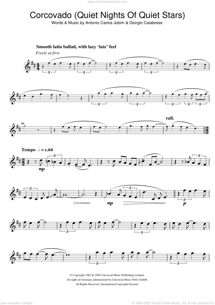 Corcovado (Quiet Nights Of Quiet Stars) sheet music for tenor saxophone solo by Antonio Carlos Jobim and Giorgio Calabrese, intermediate skill level