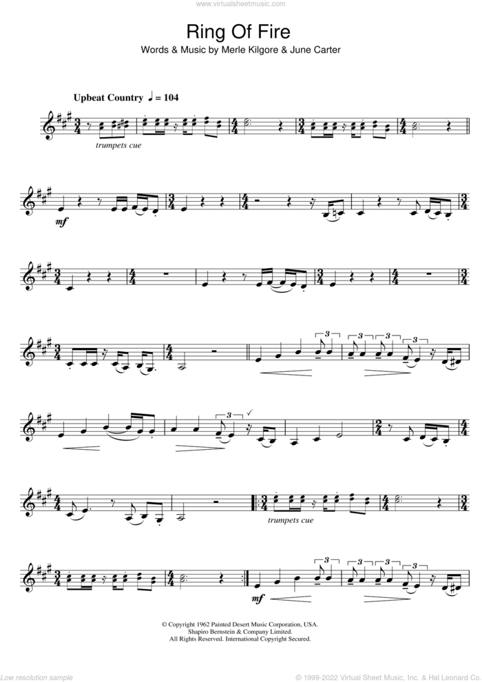 Ring Of Fire sheet music for clarinet solo by Johnny Cash, June Carter and Merle Kilgore, intermediate skill level