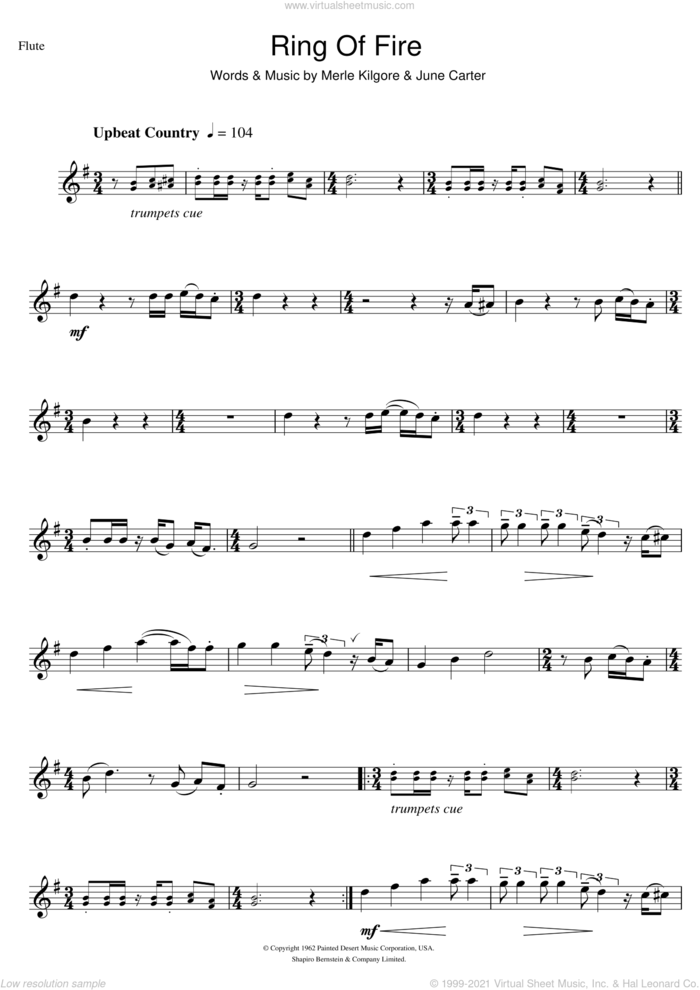 Ring Of Fire sheet music for flute solo by Johnny Cash, June Carter and Merle Kilgore, intermediate skill level