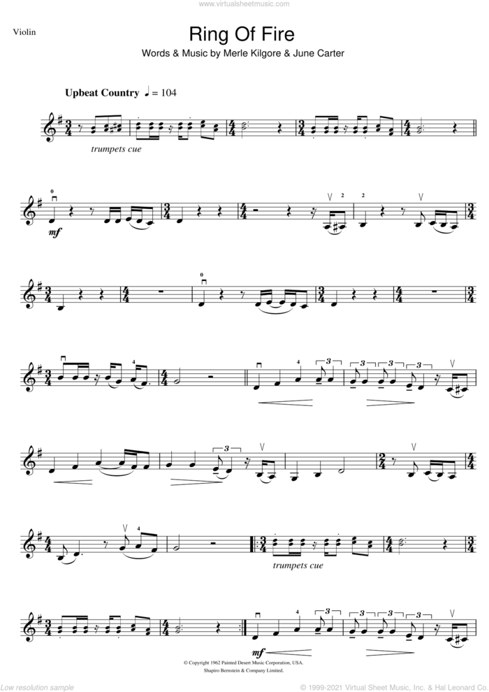 Ring Of Fire sheet music for violin solo by Johnny Cash, June Carter and Merle Kilgore, intermediate skill level