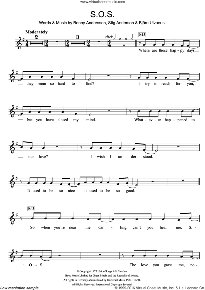 S.O.S. sheet music for clarinet solo by ABBA, Benny Andersson, Bjorn Ulvaeus and Stig Anderson, intermediate skill level