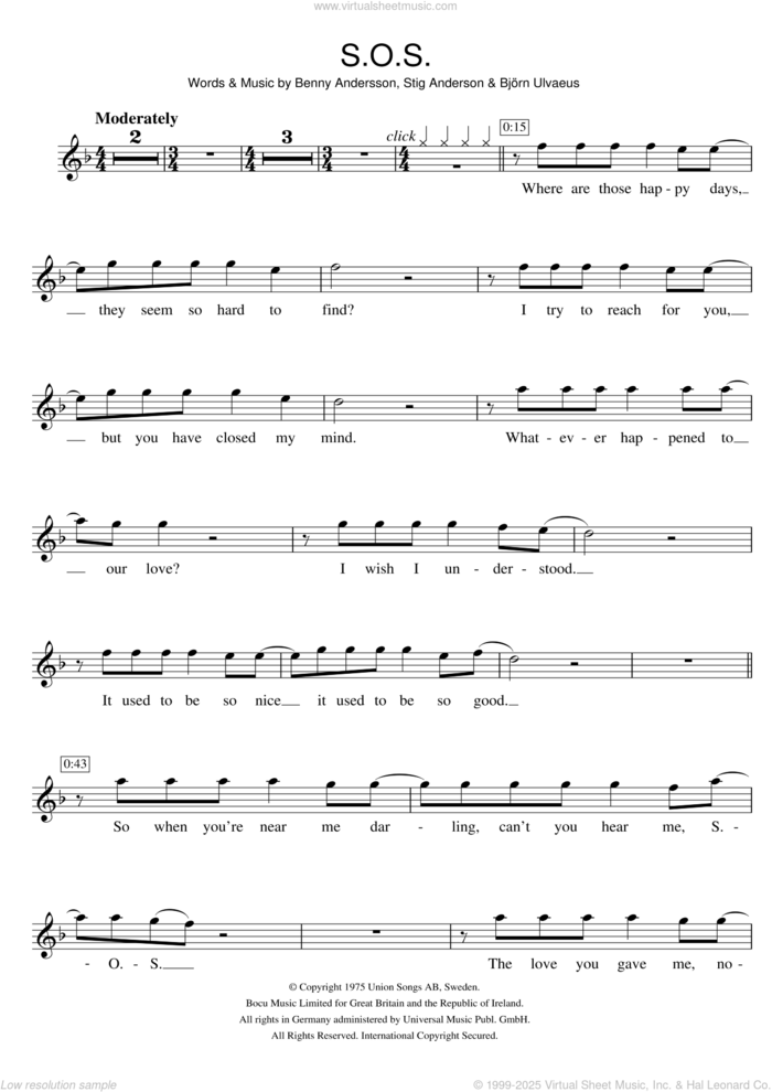 S.O.S. sheet music for violin solo by ABBA, Benny Andersson, Bjorn Ulvaeus and Stig Anderson, intermediate skill level