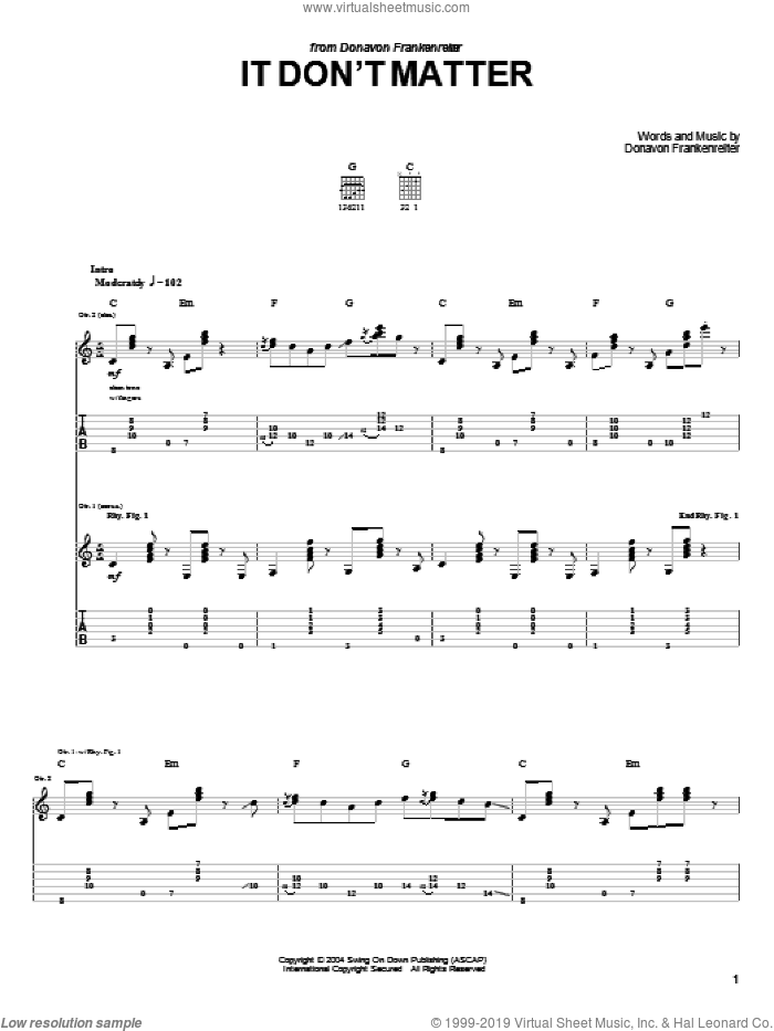 It Don't Matter sheet music for guitar (tablature) by Donavon Frankenreiter, intermediate skill level
