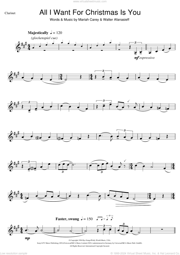 All I Want For Christmas Is You sheet music for clarinet solo by Mariah Carey and Walter Afanasieff, intermediate skill level