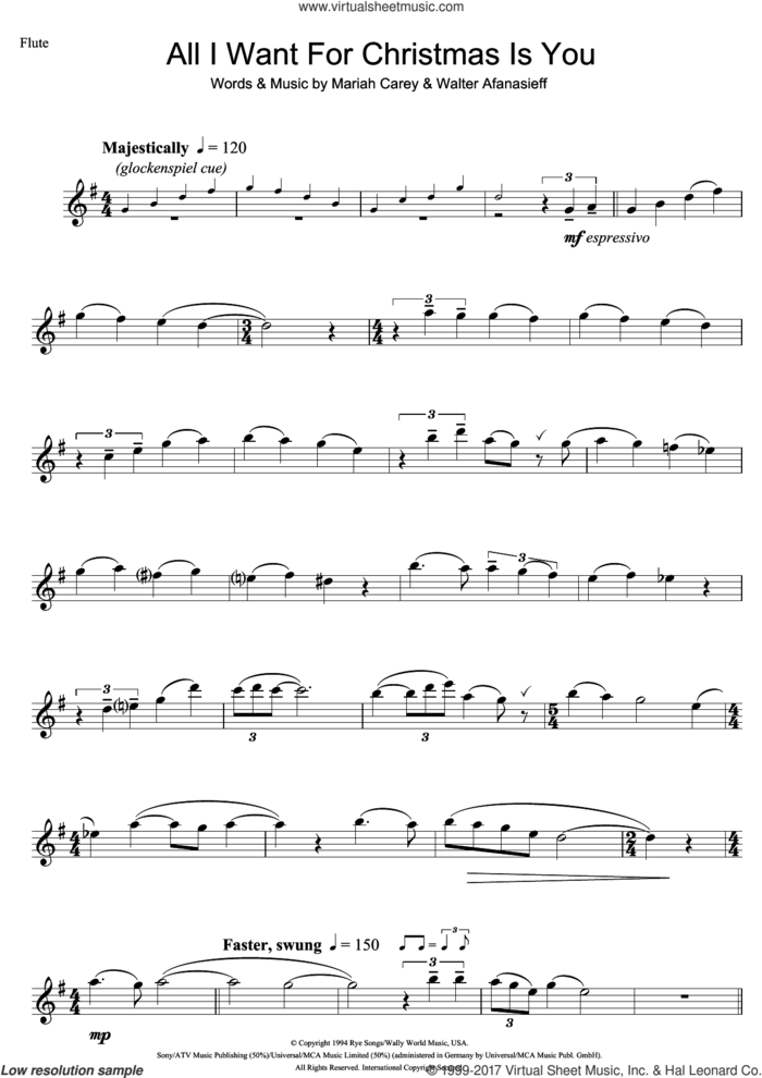 All I Want For Christmas Is You sheet music for flute solo by Mariah Carey and Walter Afanasieff, intermediate skill level