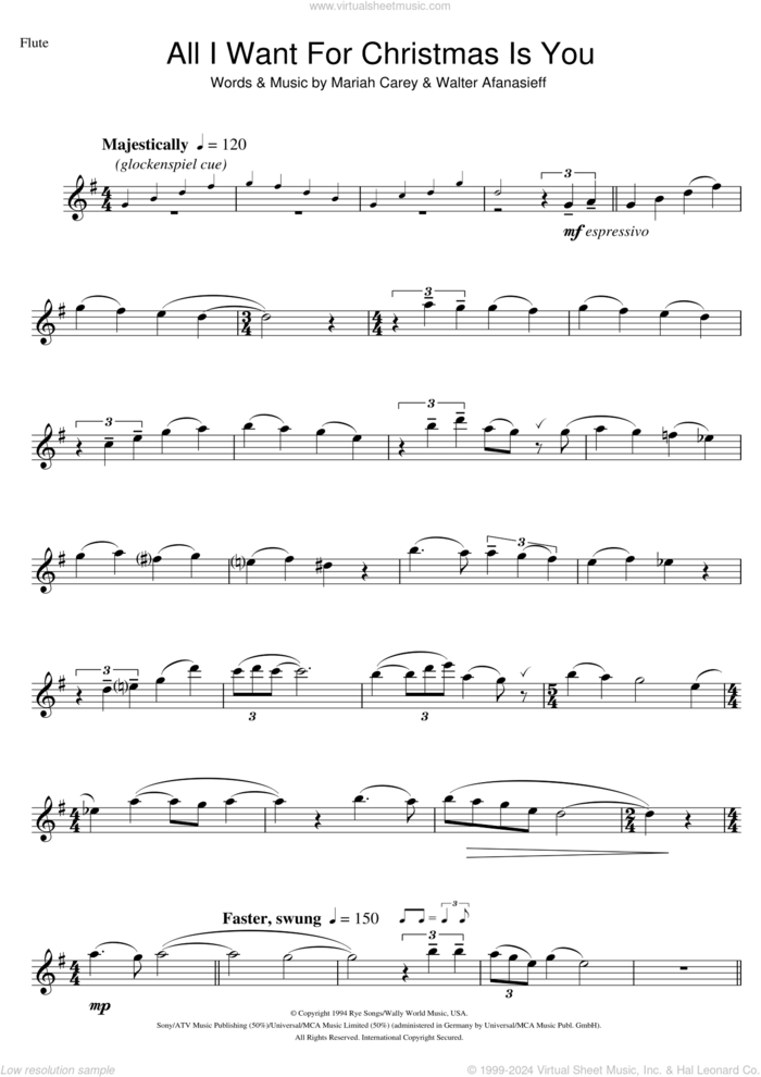 All I Want For Christmas Is You sheet music for flute solo by Mariah Carey and Walter Afanasieff, intermediate skill level