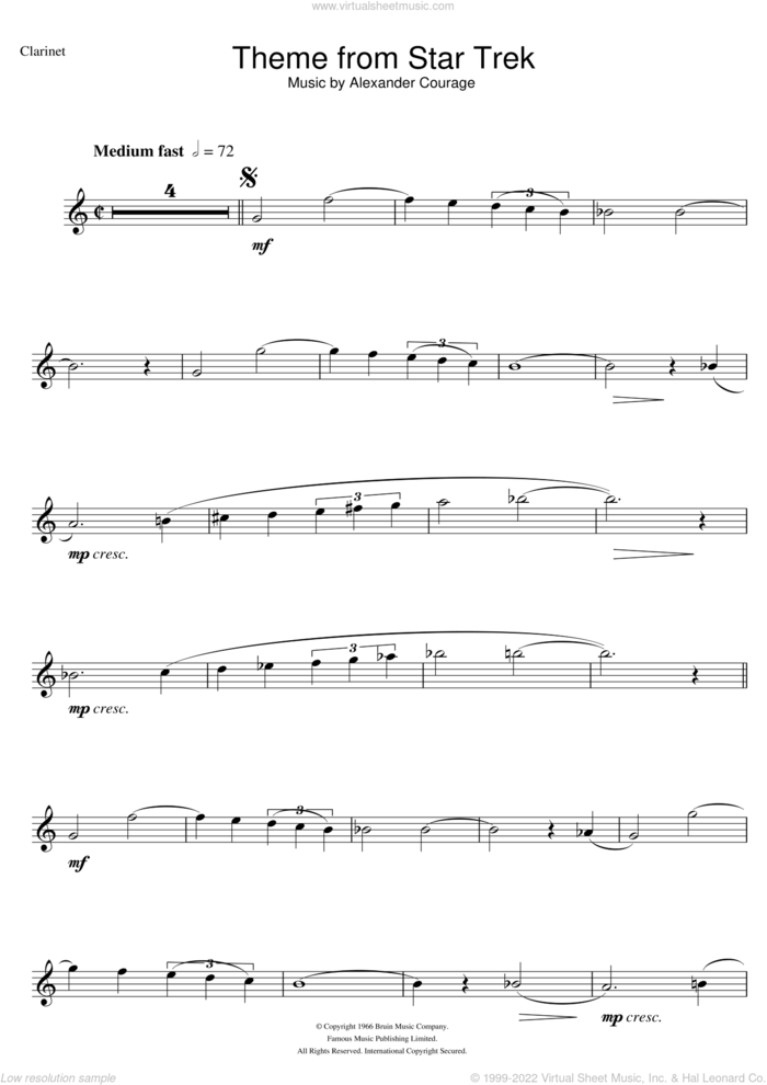 Theme from Star Trek sheet music for clarinet solo by Alexander Courage, intermediate skill level