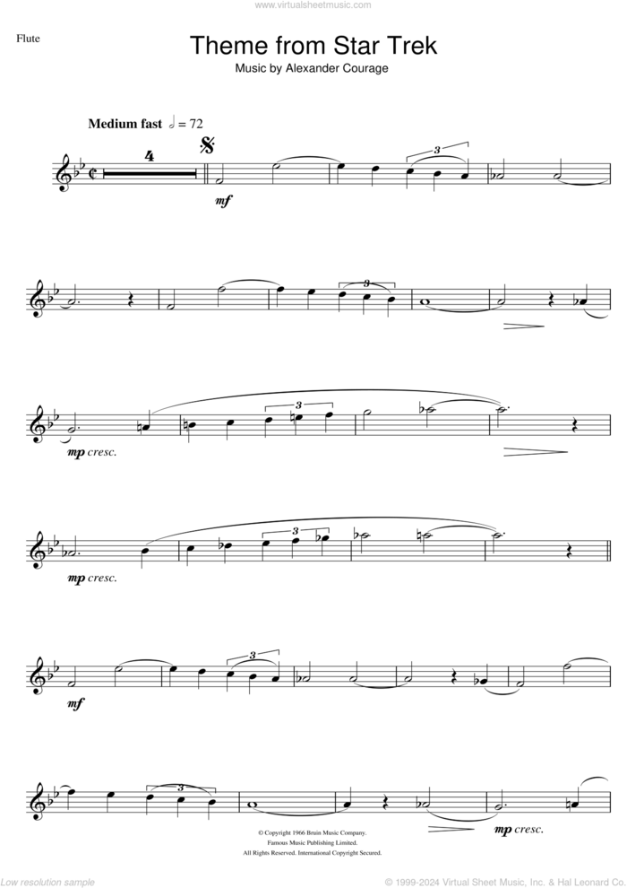 Theme from Star Trek sheet music for flute solo by Alexander Courage, intermediate skill level