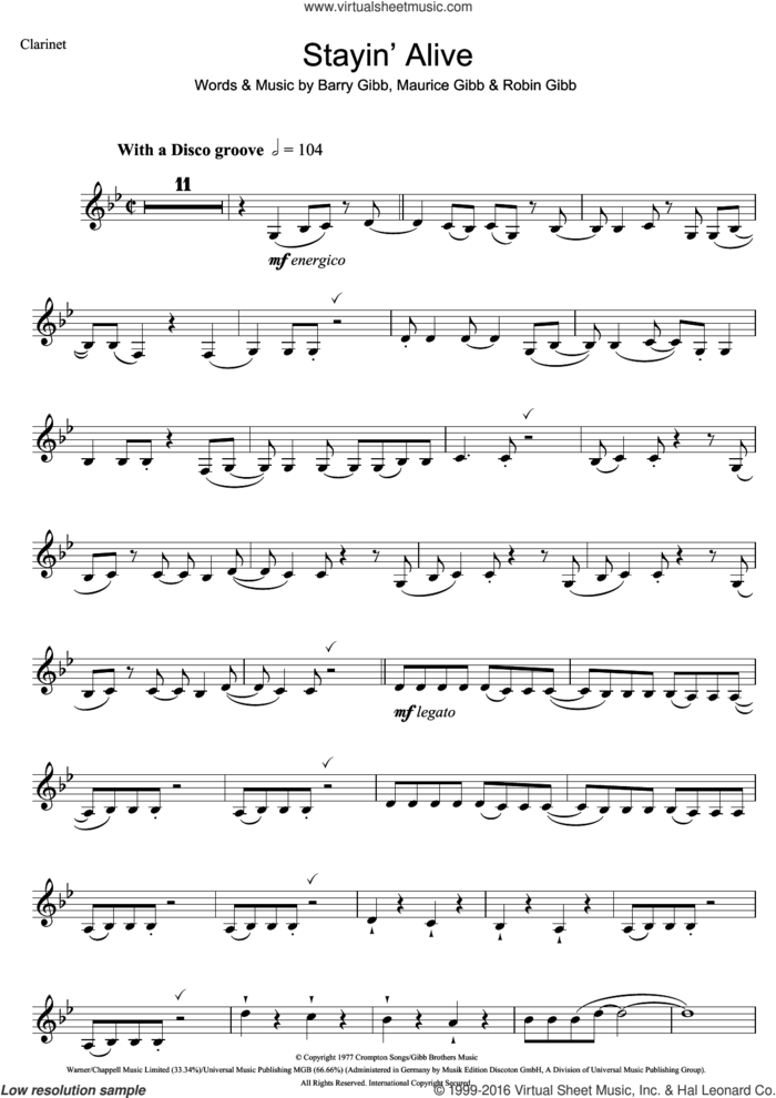 Stayin' Alive sheet music for clarinet solo by Bee Gees, Barry Gibb, Maurice Gibb and Robin Gibb, intermediate skill level